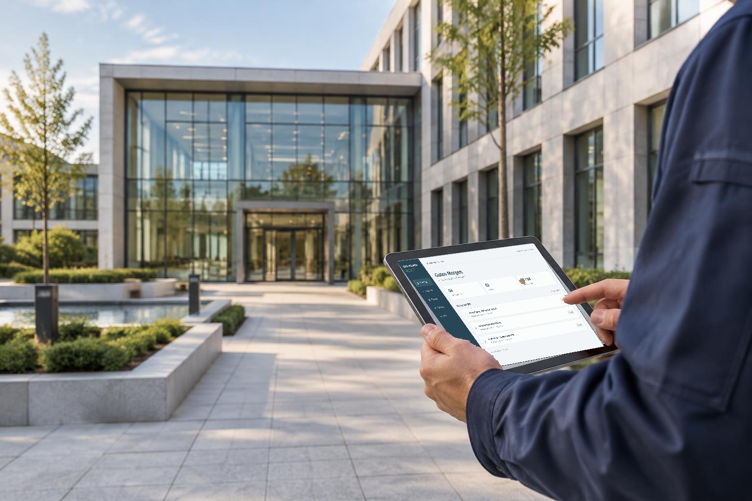 Gebäudemanager mit digitaler Mitarbeiteransicht auf einem Tablet vor einer Gewerbeimmobilie